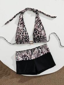 新盛源 2 件套新年、情人节服装，性感优雅女士挂脖豹纹比基尼上衣搭配黑色泳裤，中等弹力，中间长方形玉树脂饰品，欧美时尚，度假海滩和游泳池，休闲郊游海边派对豪华比基尼套装，可拆卸泳衣胸垫，节日服装，假日搭配服装，夏季阳光海滩服装，冬季温泉泳衣泳裤。 - 彩色 - 查看 1