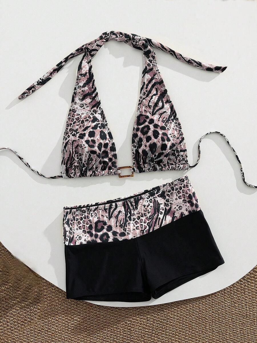 新盛源 2 件套新年、情人节服装，性感优雅女士挂脖豹纹比基尼上衣搭配黑色泳裤，中等弹力，中间长方形玉树脂饰品，欧美时尚，度假海滩和游泳池，休闲郊游海边派对豪华比基尼套装，可拆卸泳衣胸垫，节日服装，假日搭配服装，夏季阳光海滩服装，冬季温泉泳衣泳裤。 - 彩色 - 查看 1