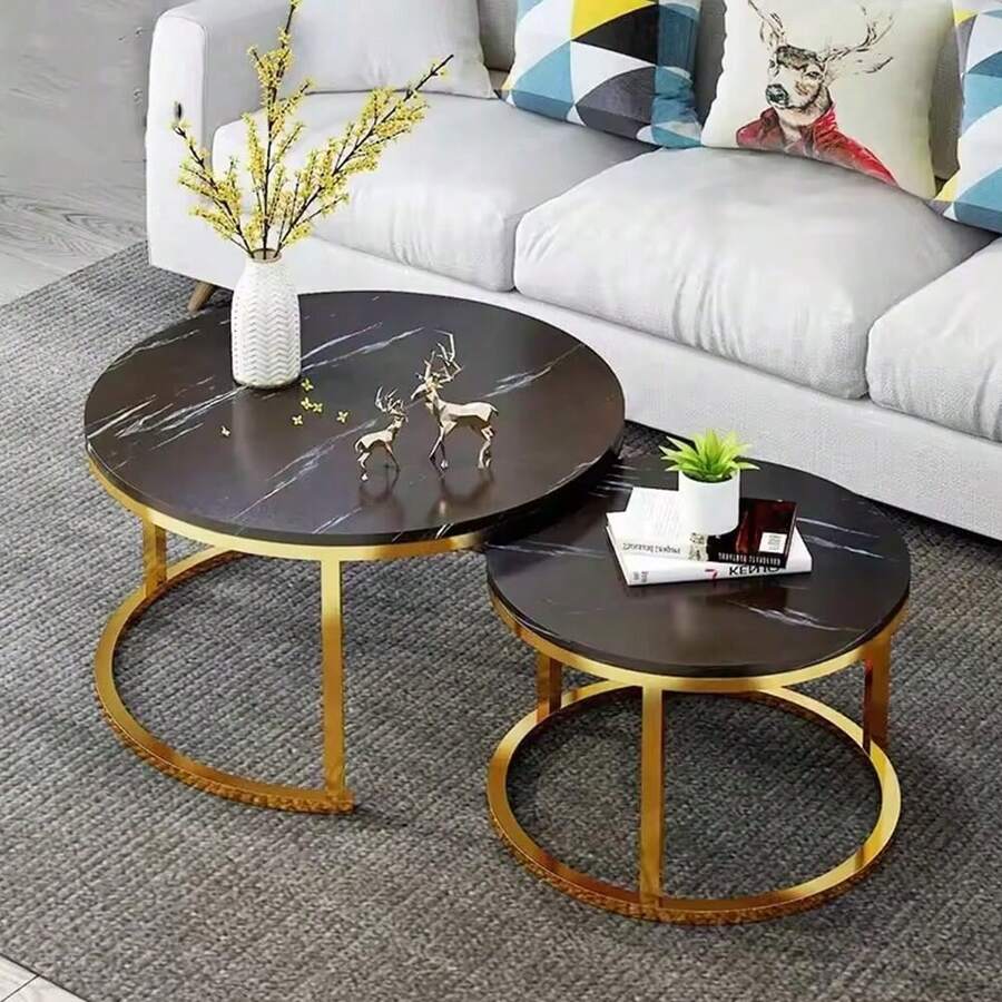 Nesting Coffee Tables Set Of 2 Round Stacking Sofa Side Tables For Living Room - 黑色 - 查看 1