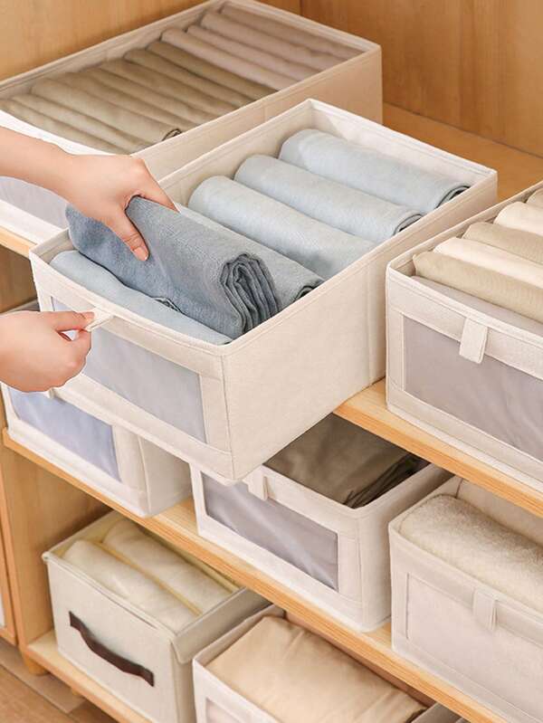1 pezzo Scatola di stoccaggio in lino con finestra trasparente, contenitore di tessuto di cotone per organizzare vestiti, giocattoli, libri, essenziale per casa e dormitorio