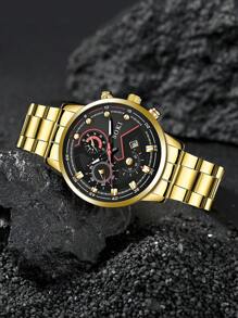 时尚 1 套男士石英表套装带日历功能锌合金表壳和表链，圆形表盘，电子驱动和指针显示，包括吊坠项链手链和戒指理想的生日适合日常佩戴、生日礼物、派对、节日聚会，也是送给自己或朋友的理想礼物不包括盒子