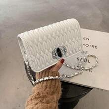 Bag Women's Bag Popular New Fashion Korean Style Pleated Chain Embroidery Thread Rhinestone Small Square Bag - White - View 3