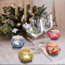 4-Piece Set Of Gorgeous Handmade Turkish Moroccan Mosaic Glass Candle Holders - Colored Unique Decorative Patterns Centerpiece, Handmade Pen Holder, Potted Flower Plate, Makeup Storage, Candle Container For Romantic Dinner, Wedding Anniversary, Birthday, Party Decor, Home Decor And Multicultural Festivals Including Christmas, New Year, Diwali And Three Kings Day