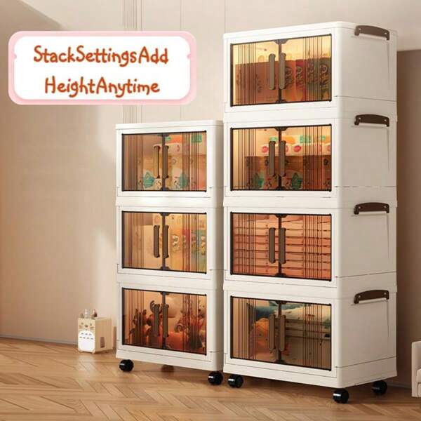 5-Tier Rolling Storage Box, Beige Color Cabinet Storage And Organizer With Dual Doors, Foldable & Stackable Storage Cabinet Suitable For Closet, Living Room, Office, Garage (Magnetic Doors)