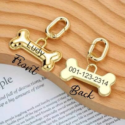 1pc Personalized Dog Bone Shaped Zinc Alloy Pet ID Tag, Silver/Gold Color Pet Collar Decor, Cute Pet Anti-Lost Identity Card, Customizable Pet Info, Ideal Gift For Pet Lovers