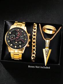 时尚 1 套男士石英表套装带日历功能锌合金表壳和表链，圆形表盘，电子驱动和指针显示，包括吊坠项链手链和戒指理想的生日适合日常佩戴、生日礼物、派对、节日聚会，也是送给自己或朋友的理想礼物不包括盒子