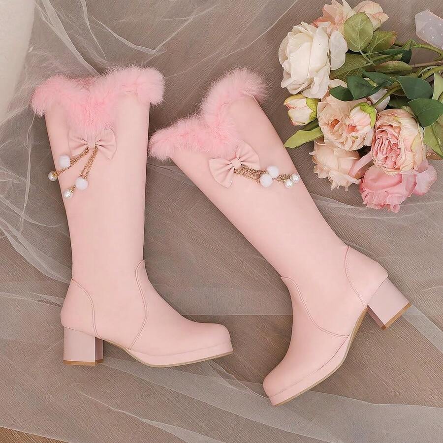 Women Faux Fur Lined Snow Boots Furry Winter Boots Chunky Knee High Platform Boots With Bow - Pink - View 1