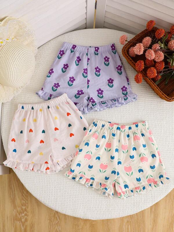 paquete de 3 pantalones cortos casuales y cómodos con estampado floral y de corazones, para uso diario en verano, para niñas