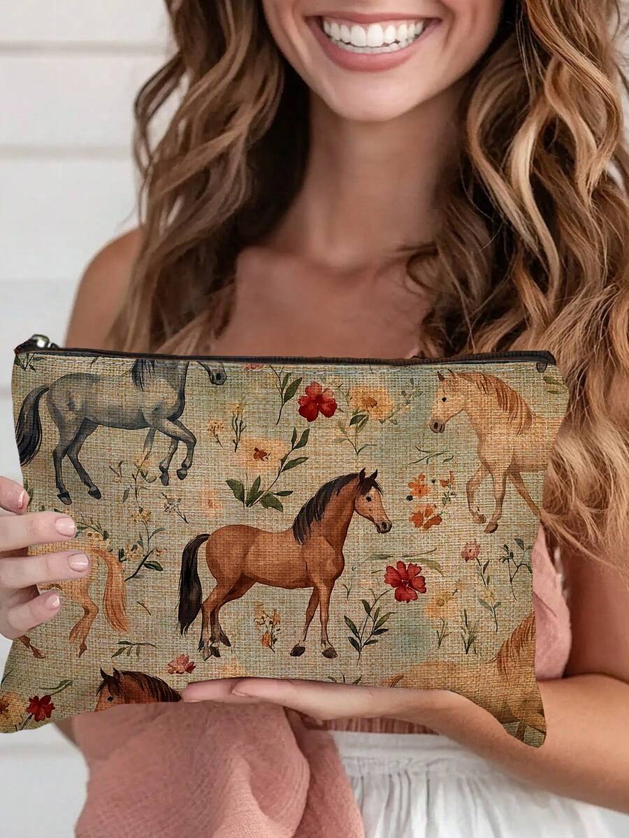 1pc Horse & Flower Print Makeup Bag, Modern Style Polyester Lightweight Travel Organizer - Multicolor - View 1