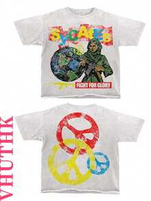 VHUTHK Double Sided Printing (220 Pieces Of Pure Cotton T-Shirts) 'FIGHT FOR GLORY' Letter And Portrait Printing Casual Pure Cotton Printing Men's Summer Round Neck Short Sleeved Lining - trắng - Xem 1