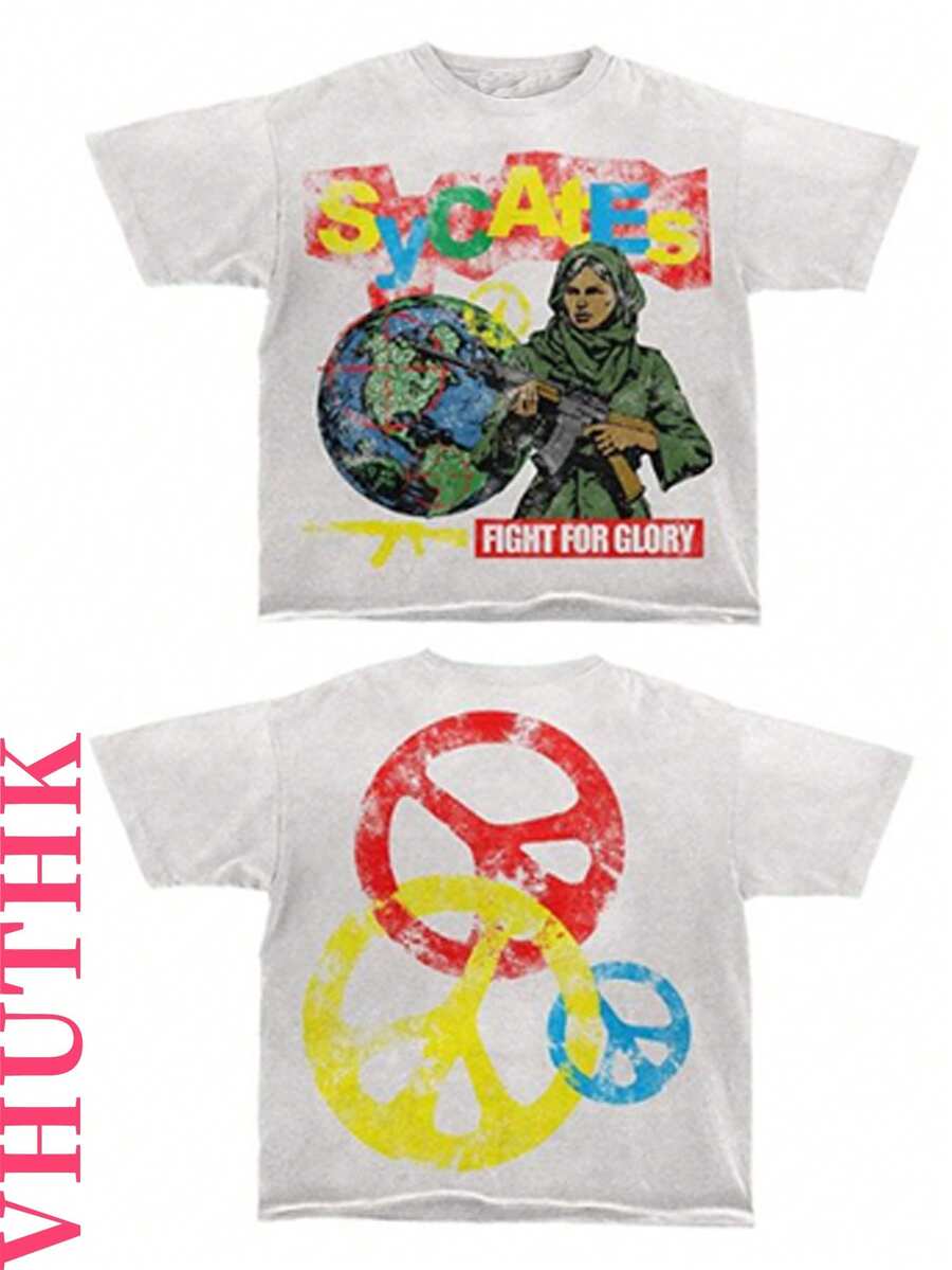 VHUTHK Double Sided Printing (220 Pieces Of Pure Cotton T-Shirts) 'FIGHT FOR GLORY' Letter And Portrait Printing Casual Pure Cotton Printing Men's Summer Round Neck Short Sleeved Lining - trắng - Xem 1