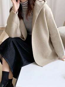 Alicedudu Women's Minimalist Style Hooded Loose Cardigan Jacket, Autumn/Winter - Apricot - View 6