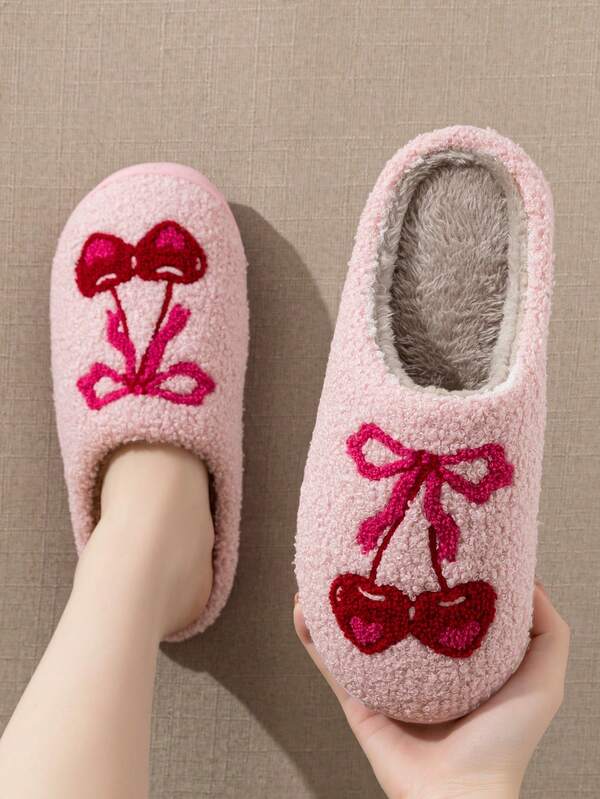 Women's Pink Winter House Slippers, Cute Bow & Cherry Embroidered Casual Indoor Slippers