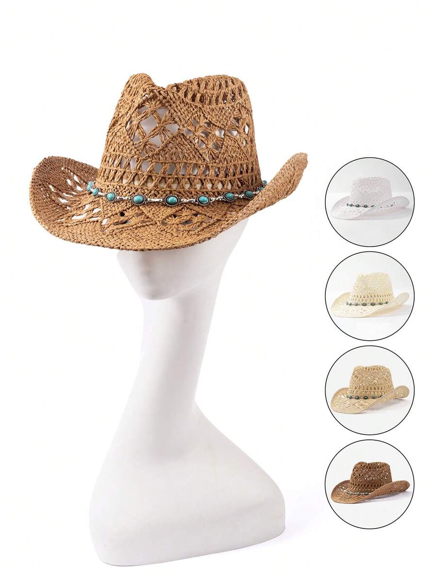 1pc Bohemian Style Beaded Straw Sun Hat, Fashion & Versatile For All Seasons Commute - Straw Hat - View 1