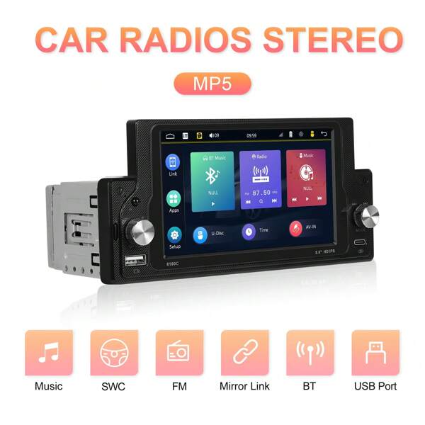 1 Din Rádio Multimídia Automotivo 5,9" Tela de Toque HD 2,5D IPS, Receiver Bluetooth FM, Suporte USB, Câmera de Ré, Com Fio Carplay/Android Auto Integrado