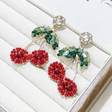 1 件时尚全水钻樱桃耳钉，韩国创意长耳环 - 彩色 - 查看 1