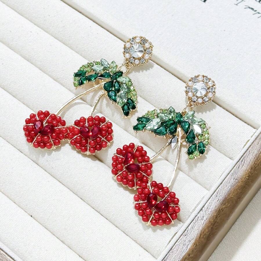 1 件时尚全水钻樱桃耳钉，韩国创意长耳环 - 彩色 - 查看 1