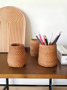 1 pieza Soporte de plumas multifuncional hecho a mano de material de ratán, soporte para plumas, almacenamiento de brochas de maquillaje, decoración de escritorio, apto para escritorios de oficina, aulas, regalos de cumpleaños, almacenamiento, decoración del hogar