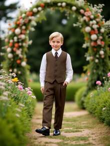 Conjunto de traje formal de 3 piezas de unicolor para bodas/actuaciones/fiestas de cumpleaños de niños: Chaleco de unicolor + Pantalones + Corbata - Marrón - Ver 6