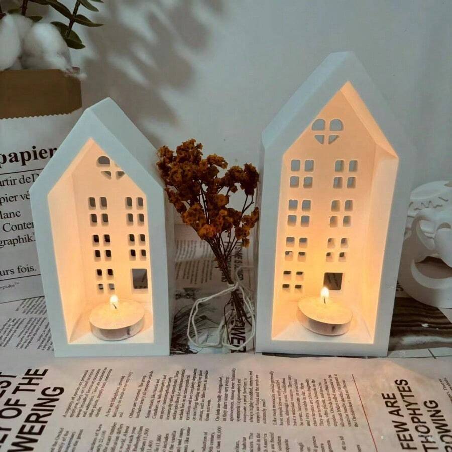 房屋形状硅胶家用蜡烛模具,3D 矩形,适用于 DIY 树脂工艺品、环氧树脂铸造、石膏水泥装饰、家居装饰、礼品、硅胶树脂模具 - 白色 - View 1
