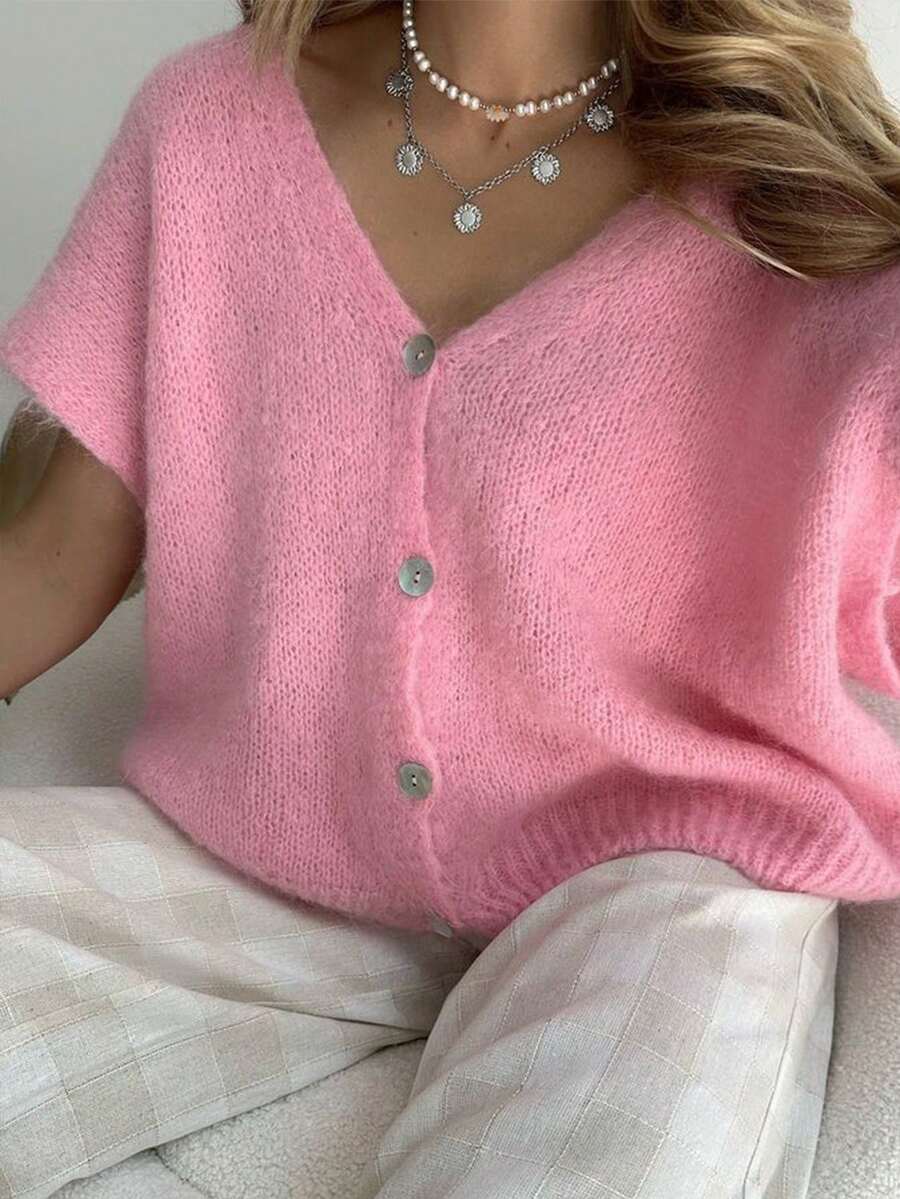Women's Hooded Sheer Cardigan Knitted Sweater - Pink - View 1