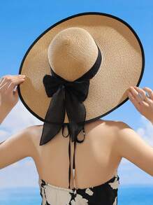 Chapeau de soleil à large bord pour femmes, chapeau de paille décontracté de plage pour les vacances, mode