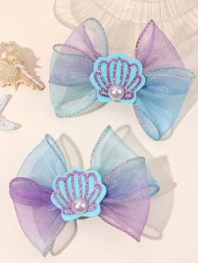 2 件女孩海洋薄纱蝴蝶结夹 - 闪亮贝壳和人造珍珠装饰，蓝紫色渐变薄纱，美人鱼发饰，适合海滩婚礼/夏季 - 飘逸发饰