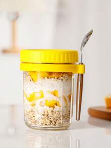 Envase de avena overnight de vidrio rosa con tapa y cuchara, 16 Oz (aprox. 453,6 G) Frasco de boca ancha tipo Mason para avena overnight, cereales, yogur, ensaladas y recipientes de almuerzo con marcas de medición
