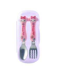 Sanrio 2 pezzi Set di posate Sanrio Hello Kitty, Kuromi, My Melody, Cinnamoroll, in acciaio inossidabile 304, con bacchette, cucchiaio e forchetta a tema cartone animato, set di stoviglie portatile con scatola di immagazzinaggio, articoli scolastici