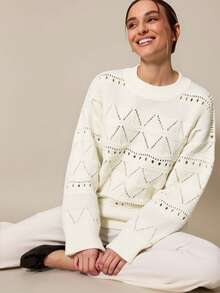 「 Jumpers For Women」Ladies' Simple And Casual Openwork Knit Solid Color Raglan Sweater [Back To School Season] - White - View 3