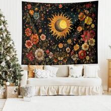 1 pezzo Arazzo da parete in stile bohémien e vibranti colori naturali con decorazioni floreali, sole e luna, realizzato in poliestere, per decorazione estetica della casa, camera da letto, soggiorno, regalo unico per amici e famiglia