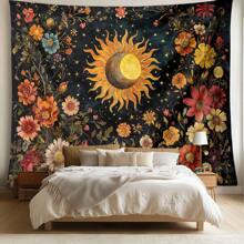 1 pezzo Arazzo da parete in stile bohémien e vibranti colori naturali con decorazioni floreali, sole e luna, realizzato in poliestere, per decorazione estetica della casa, camera da letto, soggiorno, regalo unico per amici e famiglia