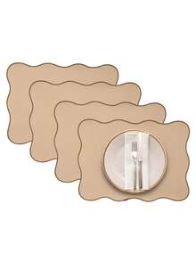 4pcs, Modern Solid Color Placemat Weaving Texture Composite Backing Scalloped Embroidery Edges Heat-Resistant Table Mat