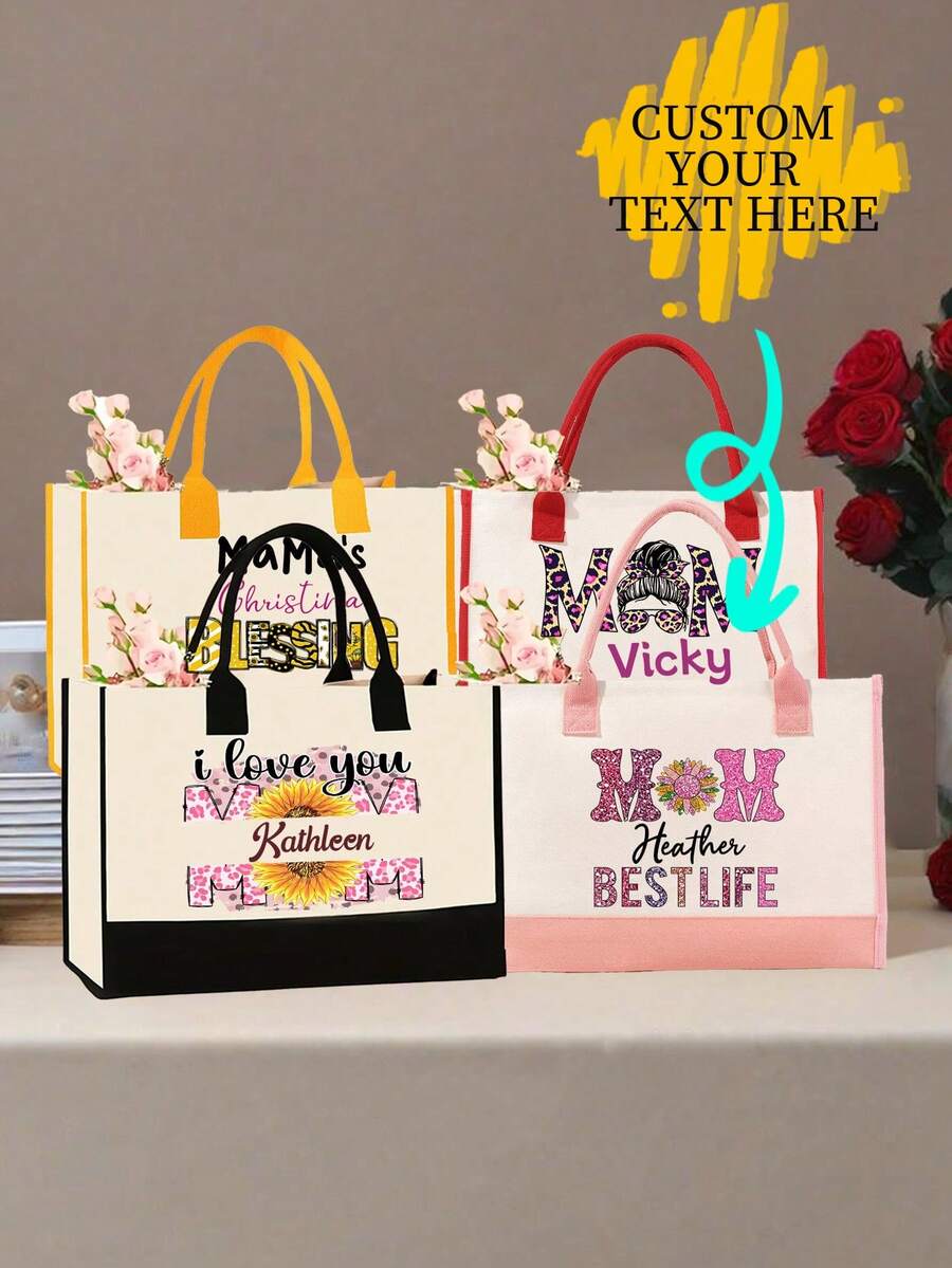 Customizable Personalized Name Print Canvas Tote Bag, Personalized Custom Pattern Gift Bag, Extra Large Capacity Shopping Bag, Suitable For Weddings, Birthdays, Beaches, Holidays, Best Gift For Ladies, Moms, Teachers, Friends, Bridesmaids, Students, Oversized Bag, Back To School Bag, Suitable For Teens, College Girls, Beginners And Office Workers, Applicable For Office, School, Work, Business, Commuting, Outdoor, Travel, Picnic - Multicolor - View 1