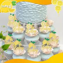 24pcs Lemon Cupcake Toppers Glitter Cupcake Picks Summer Lemon Fruit Cake Decorations For Birthday Theme Party Cake Decoration Supplies - Multicolor - View 4