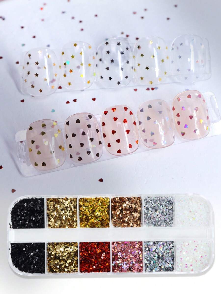 12片1毫米激光迷你心形和星形亮片美甲装饰片，可爱DIY美甲饰品配件，美甲用品