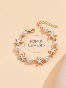 1pc Beach Vacation Metallic Alloy Drip Glaze Starfish Faux Pearl Combination Bracelet, Versatile Fashion Jewelry Suitable For Women Daily Outfit, Beach Date, Party, Music Festival - Multicolor - View 4