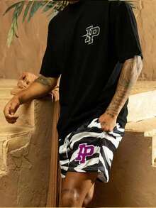 Men's Contrast Color All-Over Print Lettering Casual Sports Basketball Shorts, Summer, Football Style, Shorts For Men - White - View 2