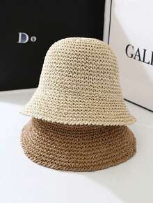1 Pc Unisex Fashion Grass Straw Hat, Khaki Casual Sun Hat, Foldable Handmade Woven Bucket Hat For Women, Korean Style Summer Beach Hat, Lightweight Sun Protection For Outdoor Travel, Gift