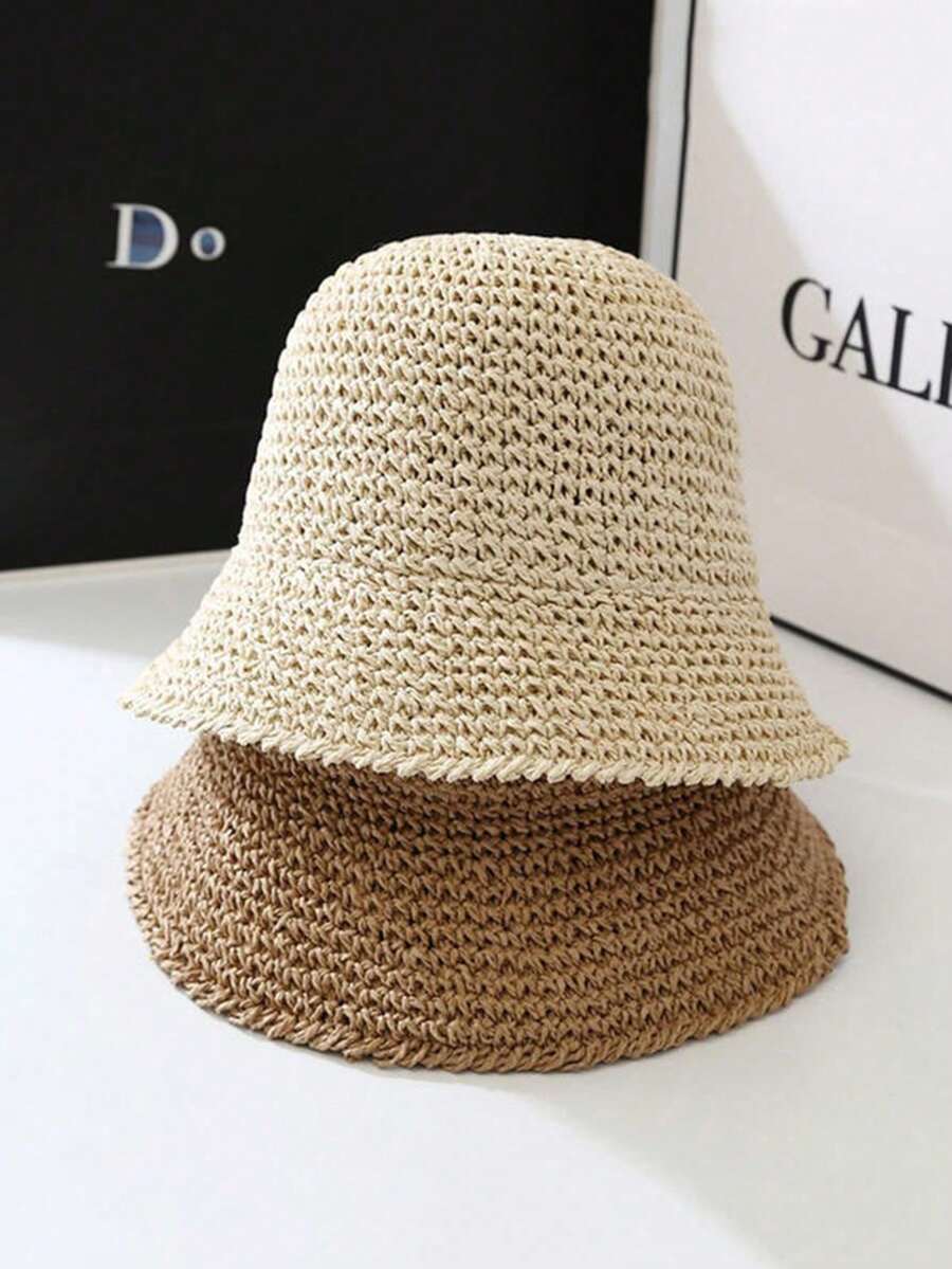 1 Pc Unisex Fashion Grass Straw Hat, Khaki Casual Sun Hat, Foldable Handmade Woven Bucket Hat For Women, Korean Style Summer Beach Hat, Lightweight Sun Protection For Outdoor Travel, Gift