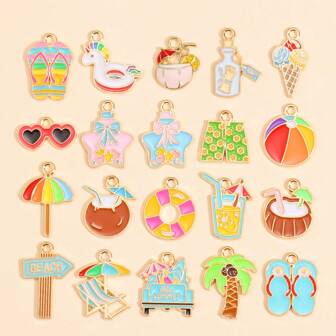 20pcs Mixed Cute Beach Series Charms, Including Enamel Drifting Bottle, Drink, Ice Cream, Palm Tree, Swimming Ring, Umbrella, Beach Shorts, Slippers, Suitable For DIY Handmade Summer Beach Vacation Jewelry Accessories Such As Earrings, Bracelets, Necklaces, Keychains