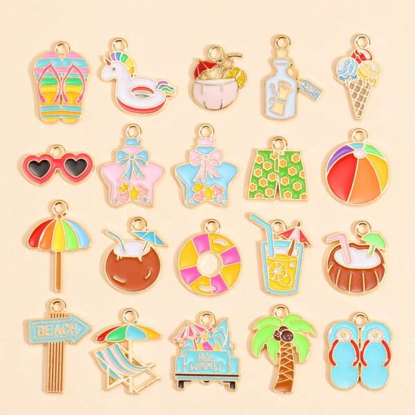 20 piezas de dijes de serie de playa lindos y surtidos, que incluyen botella a la deriva esmaltada, bebida, helado, palmera, anillo de natación, sombrilla, shorts de playa, pantuflas, aptos para accesorios de joyería de verano y playa DIY como aretes, pulseras, collares, llaveros