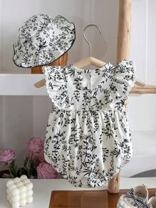 2pcs/Set Cute Fashionable Newborn Baby Girls Sleeveless Romper And Hat, Summer