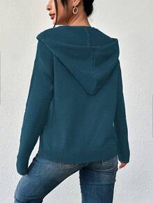 女士秋季办公室服装，女士纯色纽扣抽绳长袖轻薄单排扣开衫 - 藍色 - 查看 6