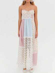 Women Boho Halter Neck Floral Print Maxi Dress Y2k Lace Patchwork Backless Flowy Long Dress Sleeveless Back Cross Tie-Up Summer Beach Sundress - 彩色 - 查看 3