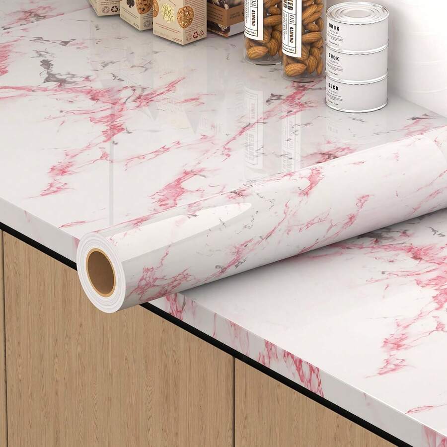 1 Rolle rosa/weißer glänzender Marmor Selbstklebende Tapete, dicke abnehmbare wasserfeste Vinyl-Folie, geeignet für Küchenarbeitsplatte, Schrank, Möbelrenovierung, Badezimmer, Wohnzimmerwand Dekoration, Größe 40cm x 500/300/100cm, anwendbar für Raumdekoration, Wanddekoration, Badezimmerdekoration, Tapete, Küchenausstattung, Küchenbedarf, Küchendekor