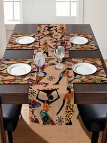 1pc African Women Pattern Printed Table Runner, 4pcs African Women Print Placemats, Suitable For Festivals, Parties, Birthdays, Dinners, Kitchen & Dining Room Decor, All Season Room & Home Textile Decoration Table Flags