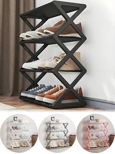 1 pièce Étagère à chaussures minimaliste pliable multicouche, étagère debout, montage au sol, en métal noir et plastique, facile à installer et économe en espace. Rangement de classification des chaussures pouvant accueillir plusieurs paires de chaussures. Lavable à la main, convient pour les armoires, les garages, les couloirs, les entrées de salon, les chambres à coucher et les dortoirs.
