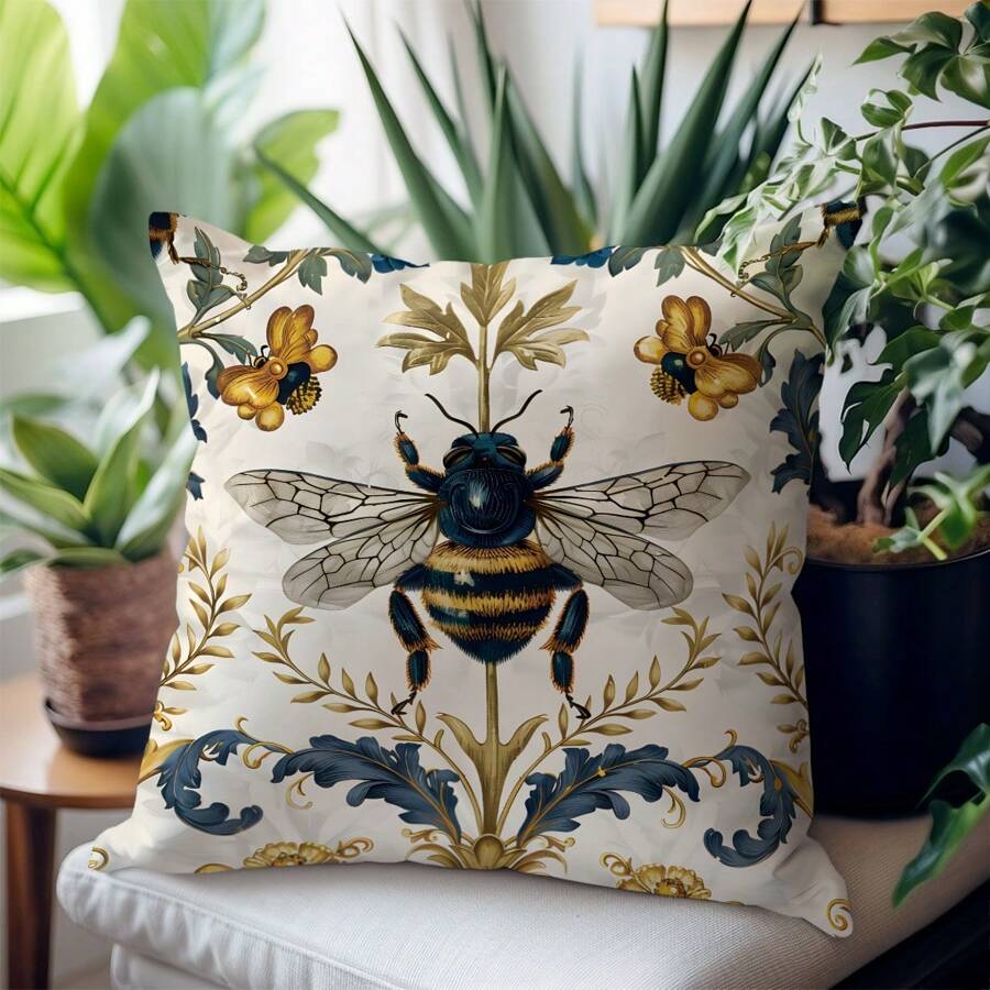 1 Pc Luxurious Retro White Bee Wings Printed Decorative Pillow Sham Cover [No Filler], 17.7*17.7in(45*45cm), [Single-Sided Printing], Simple & Modern Polyester Cushion Cover, For Sofa, Bed, Living Room, Bedroom, Car, Office, Hotel Decoration, Throw Pillow Cover, Suitable For All Seasons, Perfect Gift For Family And Friends