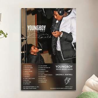 1pc YoungBoy Kentrell's "Never Broke Again" Pop Art Printed Waterproof Canvas Poster, Suitable For Home, Office, Bedroom, Living Room, Study, Bathroom, Bar, Wall Art And Home Decor, An Ideal Holiday Gift